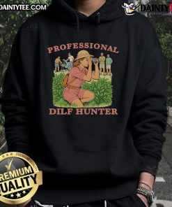 Man wearing an Awesome Professional DILF Hunter hoodie, showcasing trendy design and comfortable fit in casual setting.