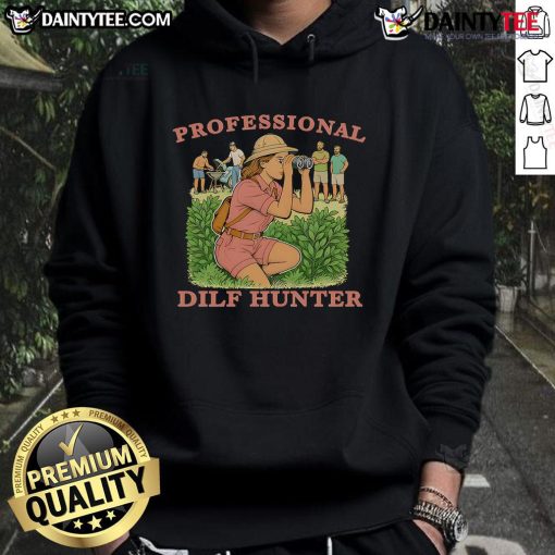 Man wearing an Awesome Professional DILF Hunter hoodie, showcasing trendy design and comfortable fit in casual setting.