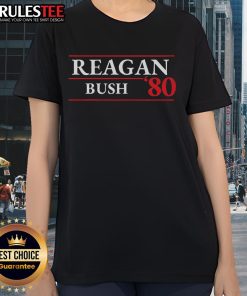 Awesome Reagan Bush 1980 Presidential Election Ladies Tee featuring vintage graphics and patriotic colors.