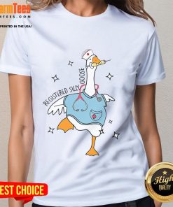 Funny nurse goose meme on a ladies tee, featuring a silly goose in a hospital setting for humor and style.