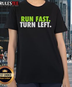 Motivational fitness tee for women featuring a track runner turning left, perfect for inspiring active lifestyles.