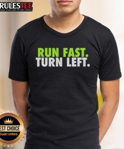 Alt Text: Motivational fitness T-shirt featuring 'Awesome Run Fast Turn Left' design for track runners.