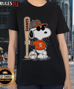 Alt Text: Awesome Snoopy standing pose on a San Francisco Giants baseball ladies tee, perfect for fans and casual wear.