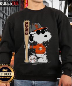Alt Text: Snoopy standing pose on a San Francisco Giants baseball sweatshirt, showcasing a playful and sporty design.