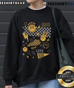 Awesome Summit View Academy Smiley Face Collage Sweatshirt featuring colorful smiley designs on a cozy fabric.