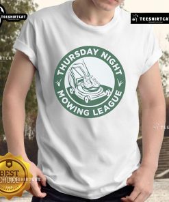 Awesome Thursday Night Mowing League T-Shirt featuring a fun lawn mower graphic and vibrant colors for lawn care enthusiasts.
