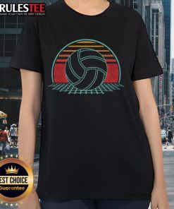 Alt Text: Retro 80s style volleyball lover ladies tee featuring a vibrant design, perfect for volleyball enthusiasts and vintage fans.