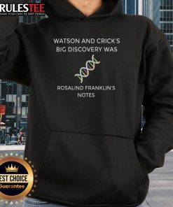 Alt Text: Rosalind Franklin's notes on DNA discovery featured on an 'Awesome Watson and Crick's Big Discovery' hoodie.