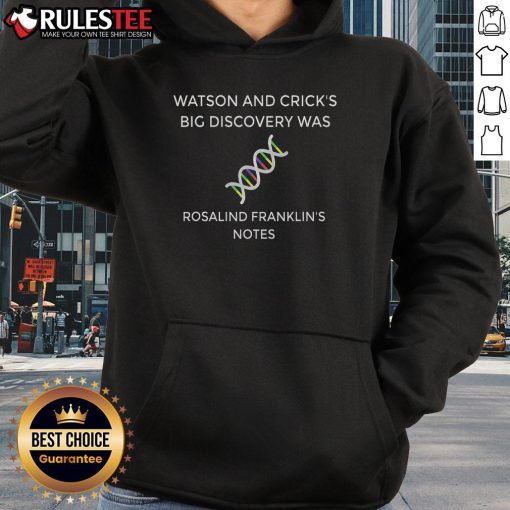 Alt Text: Rosalind Franklin's notes on DNA discovery featured on an 'Awesome Watson and Crick's Big Discovery' hoodie.