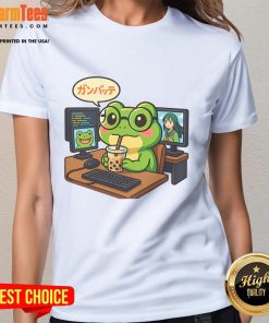 Cute anime frog illustration on a coding desk, perfect for IT geek otaku boba lovers - Ladies Tee design.