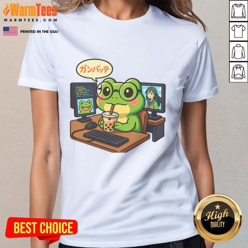 Cute anime frog illustration on a coding desk, perfect for IT geek otaku boba lovers - Ladies Tee design.