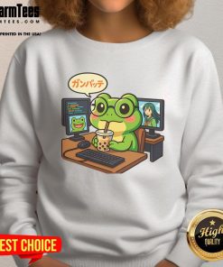 Cute anime frog design on a sweatshirt for IT geeks and otaku lovers, perfect for coding at a desk with boba.