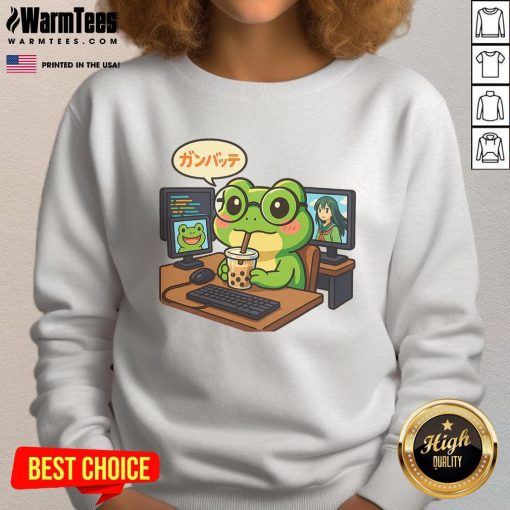 Cute anime frog design on a sweatshirt for IT geeks and otaku lovers, perfect for coding at a desk with boba.