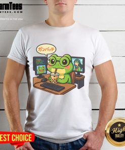 Adorable anime frog design on a geeky coding desk t-shirt for boba lovers, perfect for otaku fans.