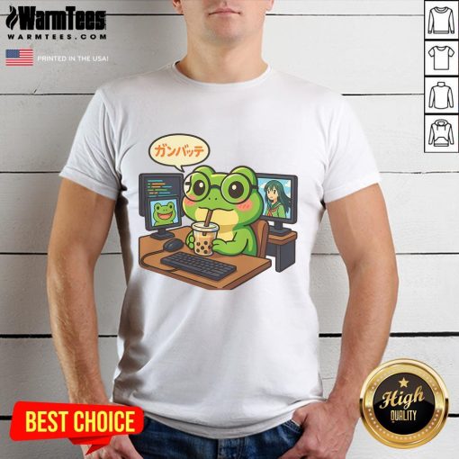 Adorable anime frog design on a geeky coding desk t-shirt for boba lovers, perfect for otaku fans.