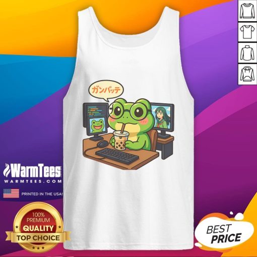 Cute anime frog design on an IT geek tank top for boba lovers, perfect for otaku and coding enthusiasts.