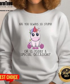 Cute unicorn sweatshirt with 'Are you always so stupid or is today a special occasion?' text design.