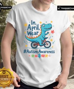 Cute autism awareness dinosaur wearing a T-shirt for April, promoting understanding and acceptance of autism.