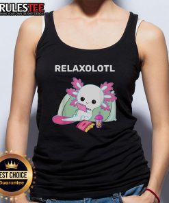 Cute axolotl lover wearing a Relaxolotl tank top, showcasing a vibrant design featuring the Mexican salamander.
