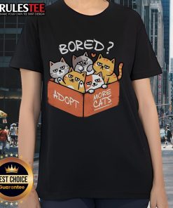 Cute bored ladies tee design promoting 'Adopt More Cats' message with playful cat graphics and vibrant colors.