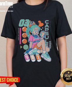 Alt Text: Cute Bulma Boyfriend Detector Capsule Corporation anime retro ladies tee showcasing vibrant design and playful style.