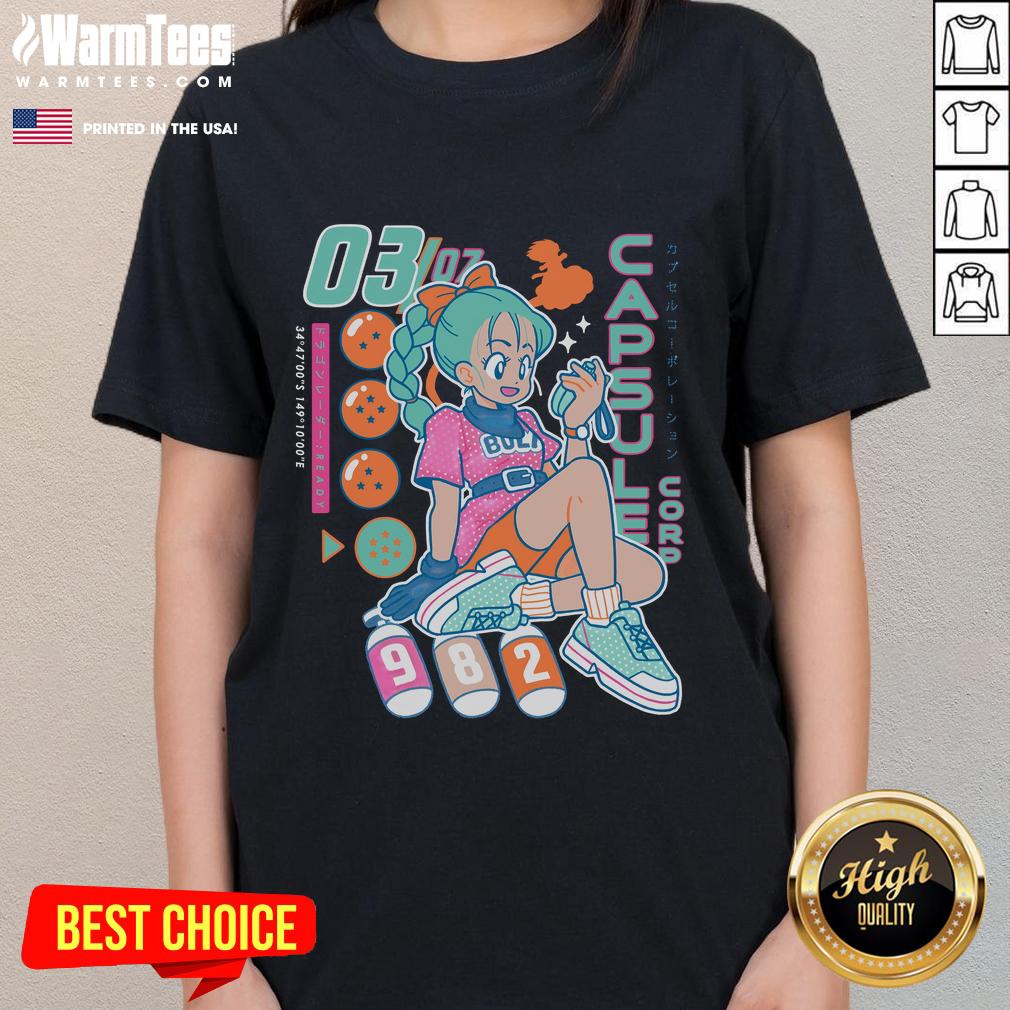 Cute Bulma Boyfriend Detector Capsule Corporation Anime Retro Ladies Tee Alt Text: Cute Bulma Boyfriend Detector Capsule Corporation anime retro ladies tee showcasing vibrant design and playful style.