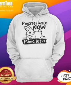 Alt Text: Cute bunny hoodie with Procrastinate Now, Panic Later text, perfect for cozy, casual wear and bunny lovers.