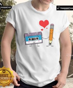 Alt Text: Cute cassette tape pencil graphic on a retro vintage music T-shirt featuring 70's, 80's, and 90's design.