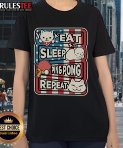 Cute cat eating, sleeping, and playing ping pong on a patriotic table tennis tee for ladies. Perfect for cat lovers!