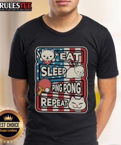 Cute cat on a patriotic T-shirt with 'Eat Sleep Ping Pong Repeat' slogan, perfect for table tennis lovers.