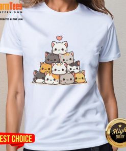 Alt Text: Cute cat pyramid featuring anime kawaii cats on a stylish ladies tee, perfect for cat lovers and anime fans.