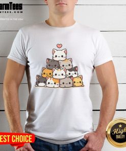 Alt Text: Cute Cat Pyramid Stack featuring anime kawaii cats on a trendy T-shirt design for cat lovers.
