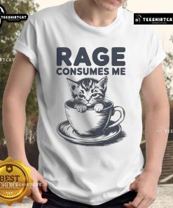 Funny kitty graphic on coffee t-shirt, showcasing a cute cat with rage, perfect for cat lovers and humor enthusiasts.