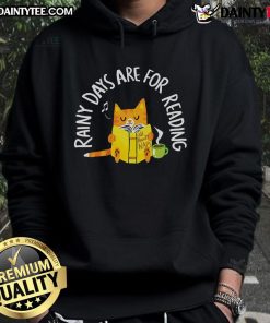 Cute cat wearing a hoodie that says 'Rainy Days Are For Reading,' perfect for cozy indoor moments.