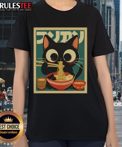 Cute cat ramen graphic on a funny Japanese kawaii anime ladies tee, perfect for cat lovers and anime fans.