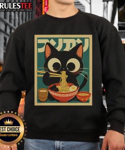 Adorable kawaii anime sweatshirt featuring a cute cat enjoying ramen in a playful Japanese style design.