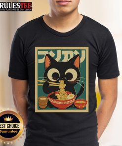 Cute cat ramen graphic on a funny Japanese kawaii anime T-shirt, perfect for cat lovers and anime fans.