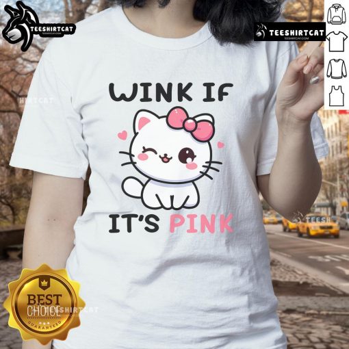 Cute cat winking on a pink tee, perfect for funny adult humor. Stylish ladies' shirt for cat lovers.