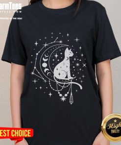 Cute celestial cat on a crescent moon with stars, perfect for astrology lovers - Cute Celestial Cat Ladies Tee.