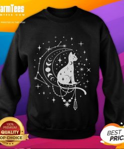 Alt Text: Cute celestial cat design on a sweatshirt featuring a crescent moon and star constellation, perfect for astrology lovers.