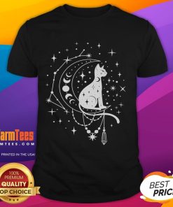 Alt Text: Cute celestial cat on a crescent moon with star constellation design, perfect for astrology lovers' t-shirt.