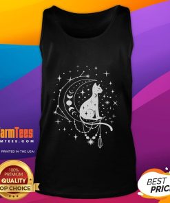 Cute celestial cat on a crescent moon with stars, perfect for astrology lovers - stylish tank top design.