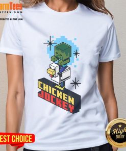 Vintage chicken jockey design on a cute ladies tee, perfect for animal lovers and quirky fashion enthusiasts.