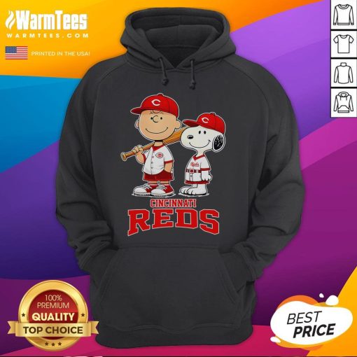 Alt Text: Cute Cincinnati Reds Charlie Brown and Snoopy baseball cartoon fan hoodie, perfect for baseball enthusiasts.
