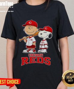 Alt Text: Cute Cincinnati Reds Charlie Brown and Snoopy baseball cartoon fan ladies tee, perfect for baseball enthusiasts.