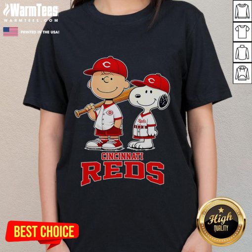 Alt Text: Cute Cincinnati Reds Charlie Brown and Snoopy baseball cartoon fan ladies tee, perfect for baseball enthusiasts.
