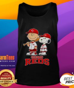 Alt Text: Cute Cincinnati Reds Charlie Brown and Snoopy baseball cartoon fan tank top featuring vibrant graphics and a fun design.
