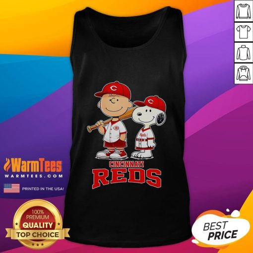 Alt Text: Cute Cincinnati Reds Charlie Brown and Snoopy baseball cartoon fan tank top featuring vibrant graphics and a fun design.