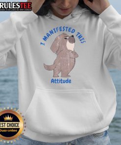 Cute dog wearing 'I Manifested This Attitude' hoodie, showcasing playful vibe and stylish pet apparel.