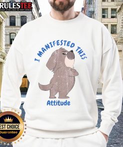 Cute dog wearing 'I Manifested This Attitude' sweatshirt, showcasing playful personality and trendy pet fashion.